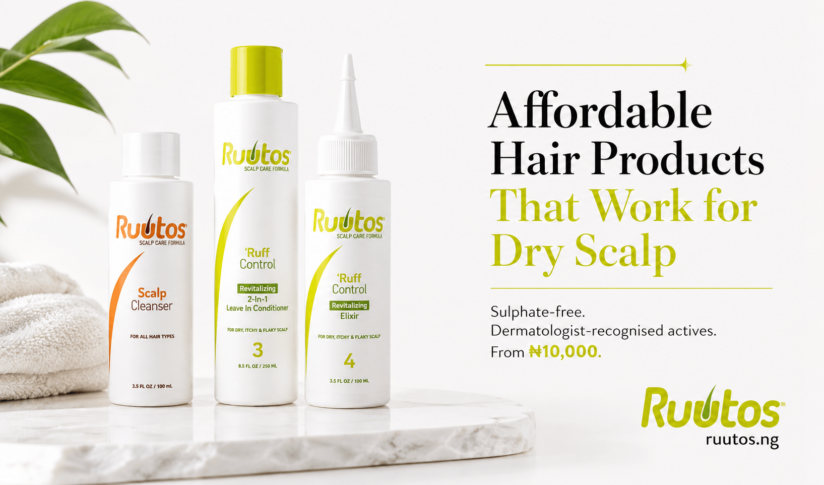 Ruutos Scalp Cleanser and Ruff Control products for dry scalp, available online at ruutos.ng in Nigeria